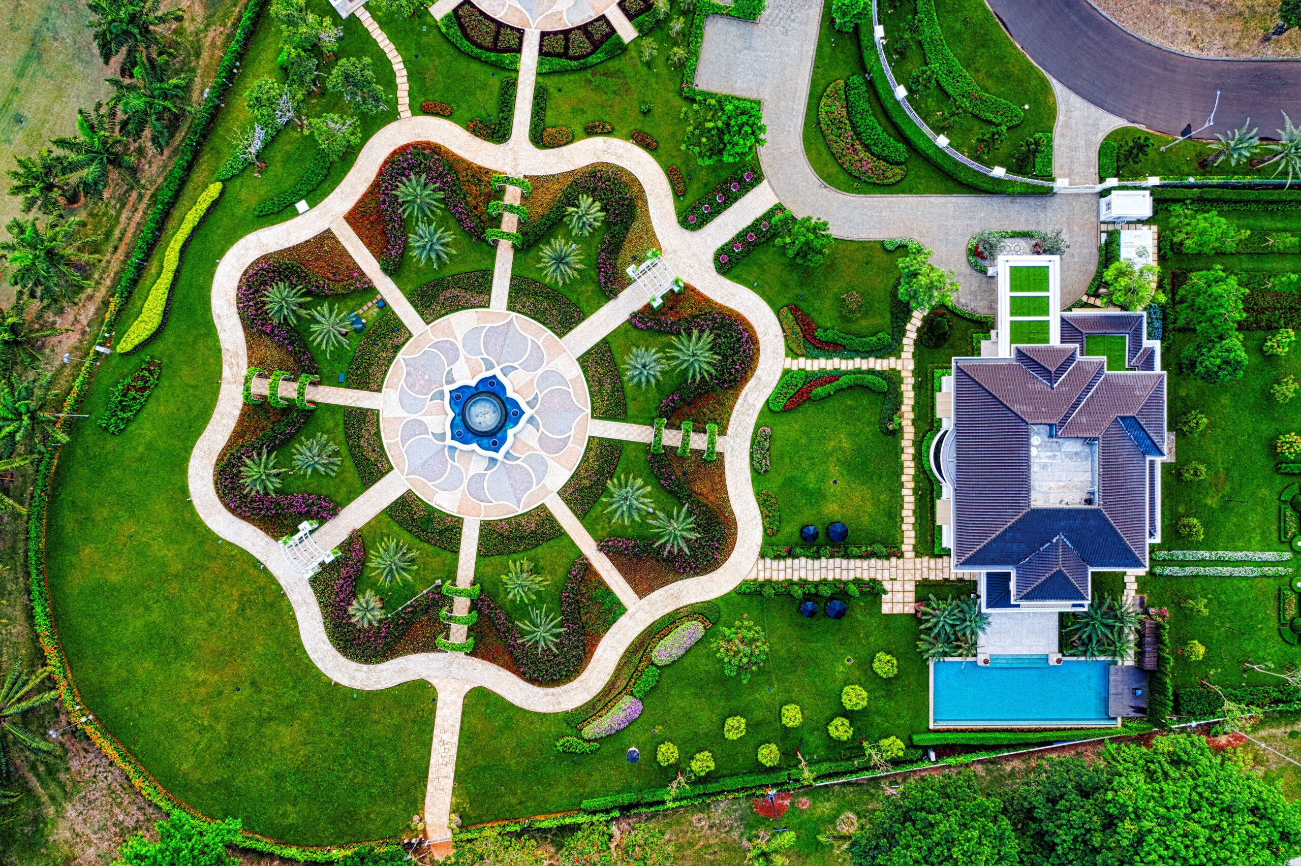 Captivating aerial drone shot of a sprawling estate with lush gardens in Banten, Indonesia.