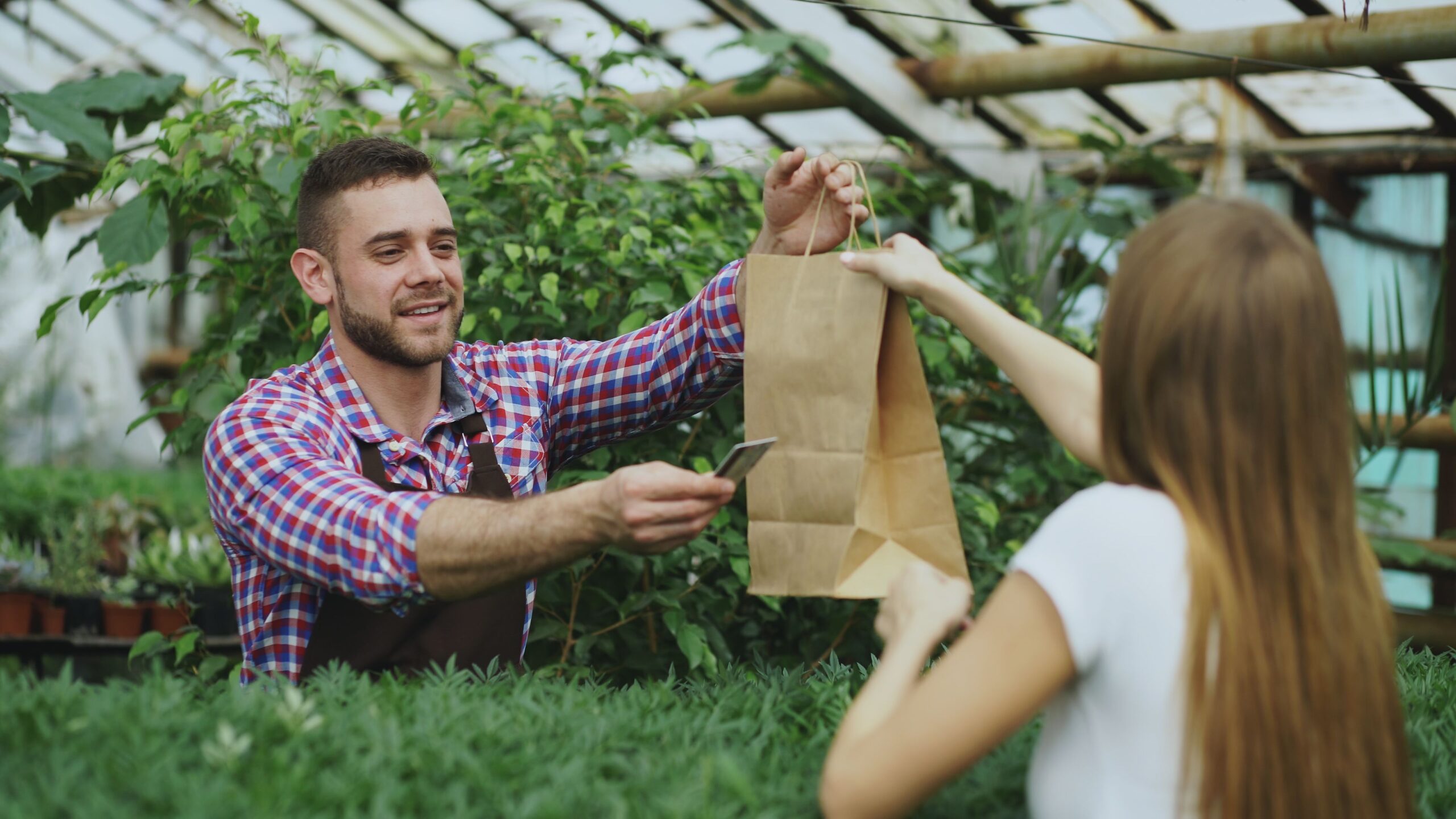 Gardener in greenhouse hands plant purchase to customer with a smile.